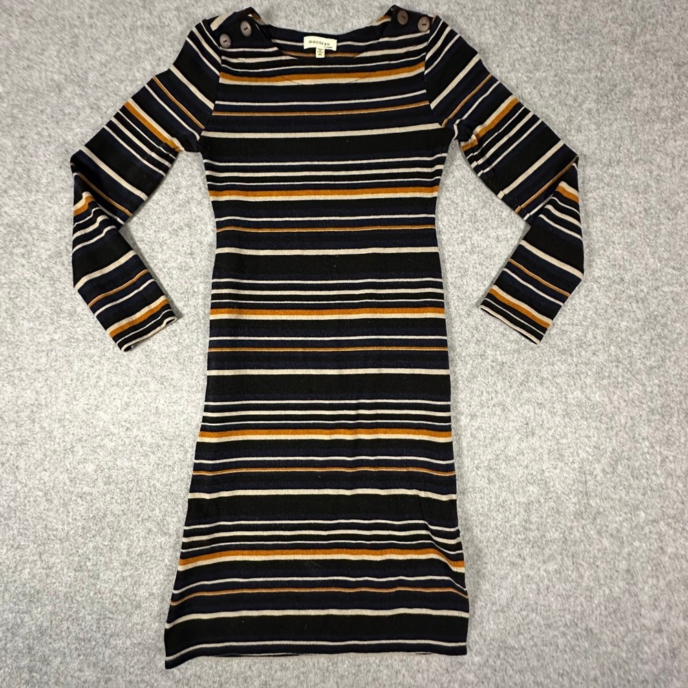 Monteau Striped Knit Sheath Dress Medium Multicolor Womens Elbow Patch Button